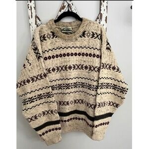 Aran Crafts Ireland Men's 100% Wool Cable Knit Sweater Ivory Fair Isle L/XL